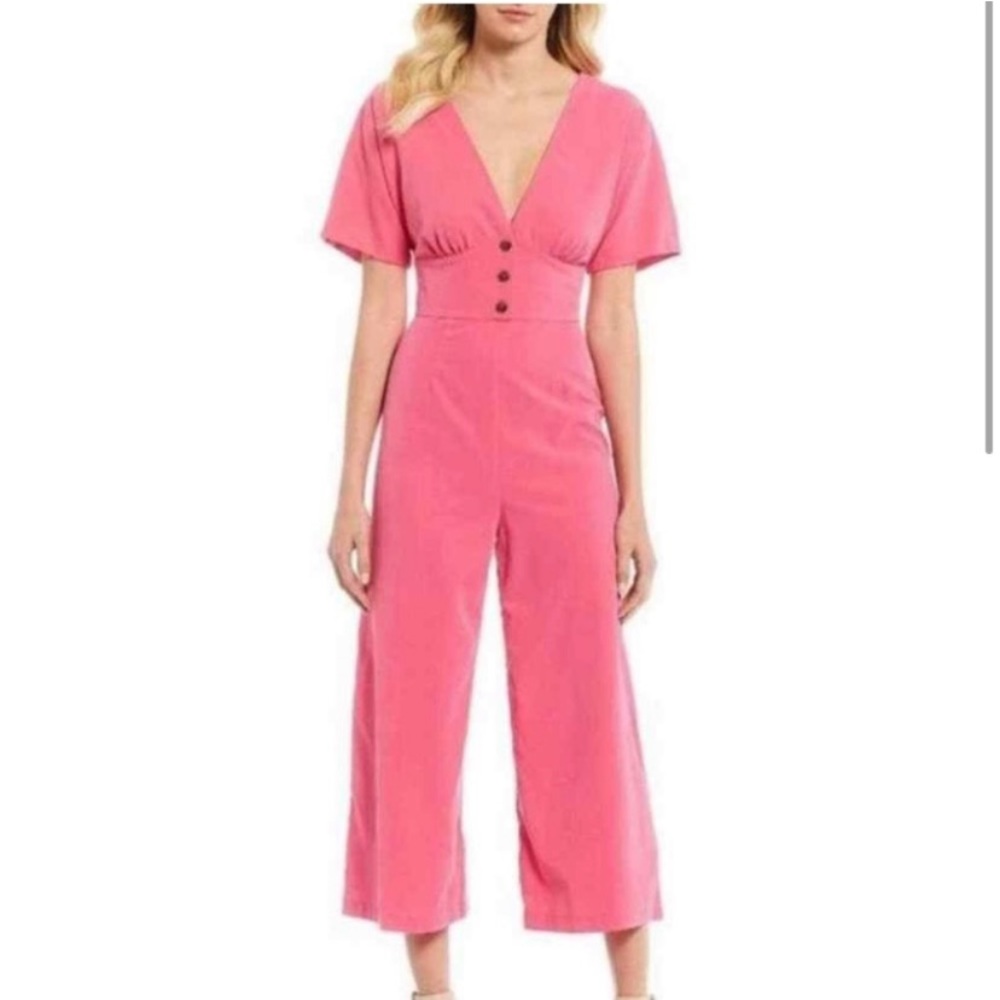 Gianni Bini Katia Button Front Plunge V Neck Crop Leg Hot Pink Orchid